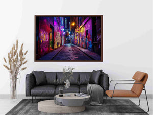 Neon graffiti alley photography wall art for modern loft or office decor.