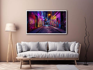 Neon graffiti alley photography wall art for modern loft or office decor.