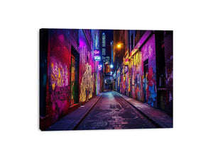 Neon graffiti alley photography wall art for modern loft or office decor.