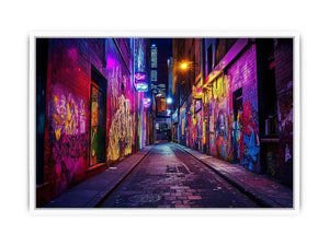Neon graffiti alley photography wall art for modern loft or office decor.