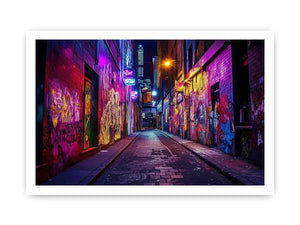 Neon graffiti alley photography wall art for modern loft or office decor.