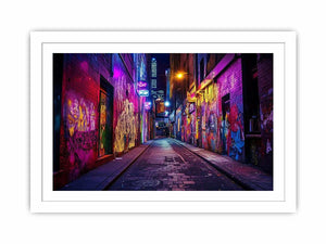 Neon graffiti alley photography wall art for modern loft or office decor.