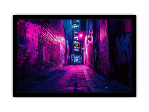 Purple neon graffiti alley canvas art for modern bedroom, loft, or office decor.