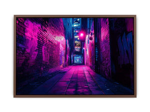 Purple neon graffiti alley canvas art for modern bedroom, loft, or office decor.
