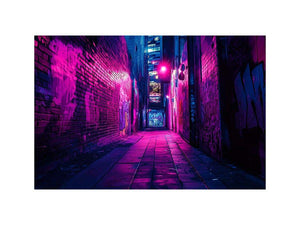 Purple neon graffiti alley canvas art for modern bedroom, loft, or office decor.