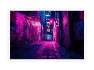 Purple neon graffiti alley canvas art for modern bedroom, loft, or office decor.