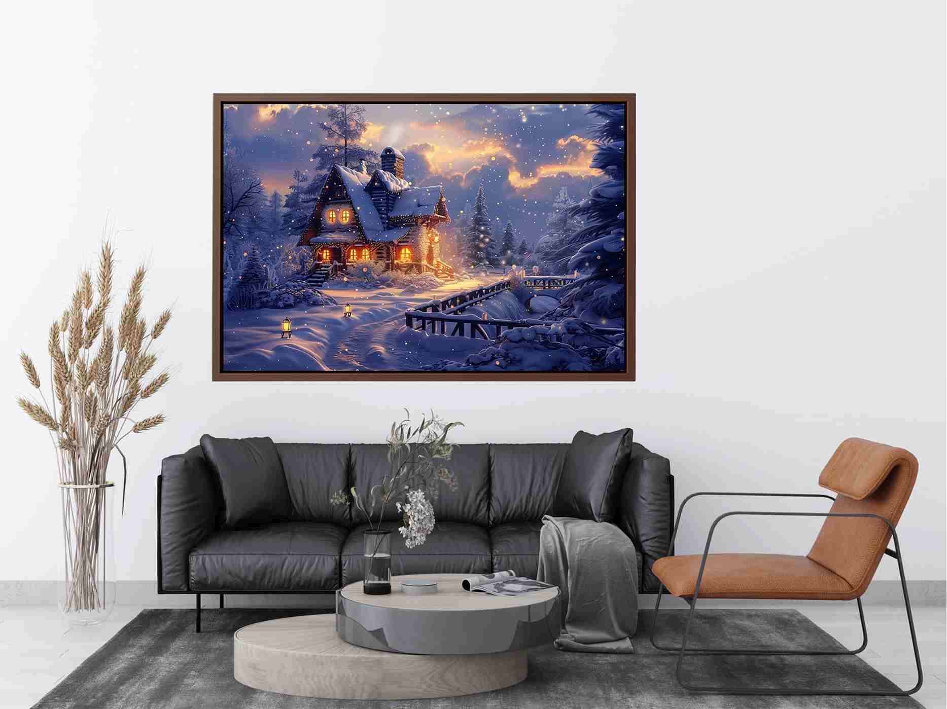 Cozy winter cabin canvas art with snow and warm lights for holiday living room decor.