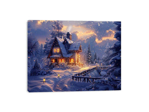 Cozy winter cabin canvas art with snow and warm lights for holiday living room decor.