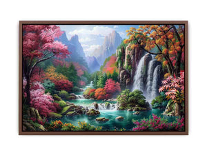 Fantasy waterfall garden canvas art with flowers and mountains for living room decor.