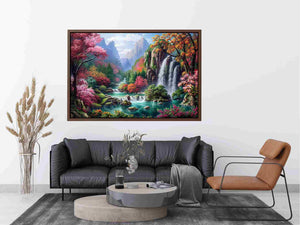 Fantasy waterfall garden canvas art with flowers and mountains for living room decor.