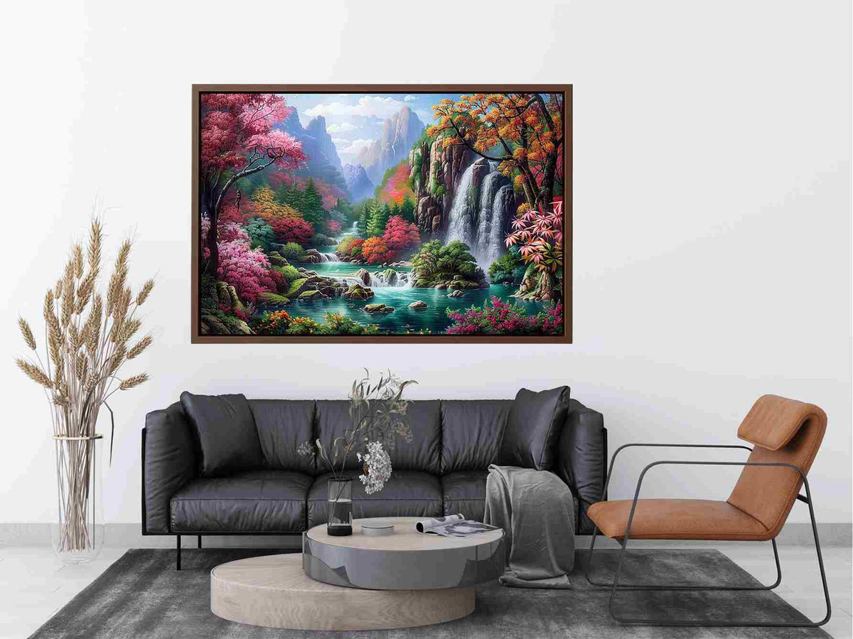 Fantasy waterfall garden canvas art with flowers and mountains for living room decor.