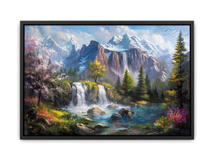 Mountain waterfall lake canvas art with spring trees for modern living room decor.