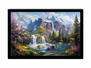 Mountain waterfall lake canvas art with spring trees for modern living room decor.