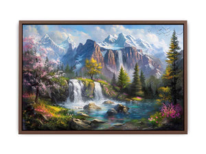 Mountain waterfall lake canvas art with spring trees for modern living room decor.