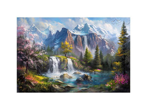 Mountain waterfall lake canvas art with spring trees for modern living room decor.