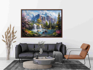 Mountain waterfall lake canvas art with spring trees for modern living room decor.