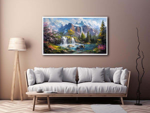 Mountain waterfall lake canvas art with spring trees for modern living room decor.