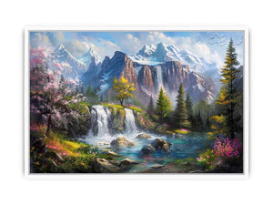Mountain waterfall lake canvas art with spring trees for modern living room decor.