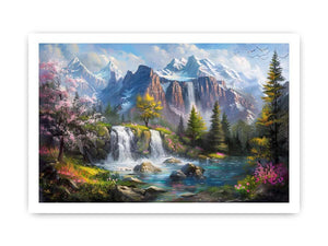 Mountain waterfall lake canvas art with spring trees for modern living room decor.