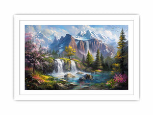 Mountain waterfall lake canvas art with spring trees for modern living room decor.