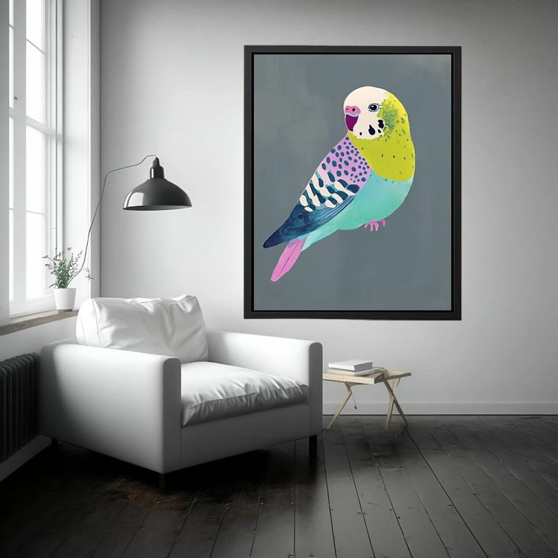 Colorful budgie bird illustration wall art for kids room or playful home decor.
