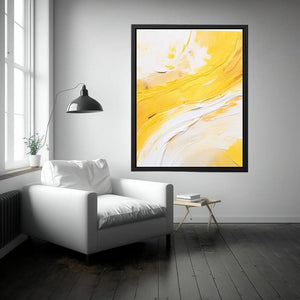 Yellow and white abstract canvas art for bright modern living room decor.