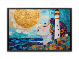 Surreal coastal lighthouse canvas art with woman portrait and gold sun for modern living room decor.