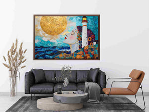 Surreal coastal lighthouse canvas art with woman portrait and gold sun for modern living room decor.