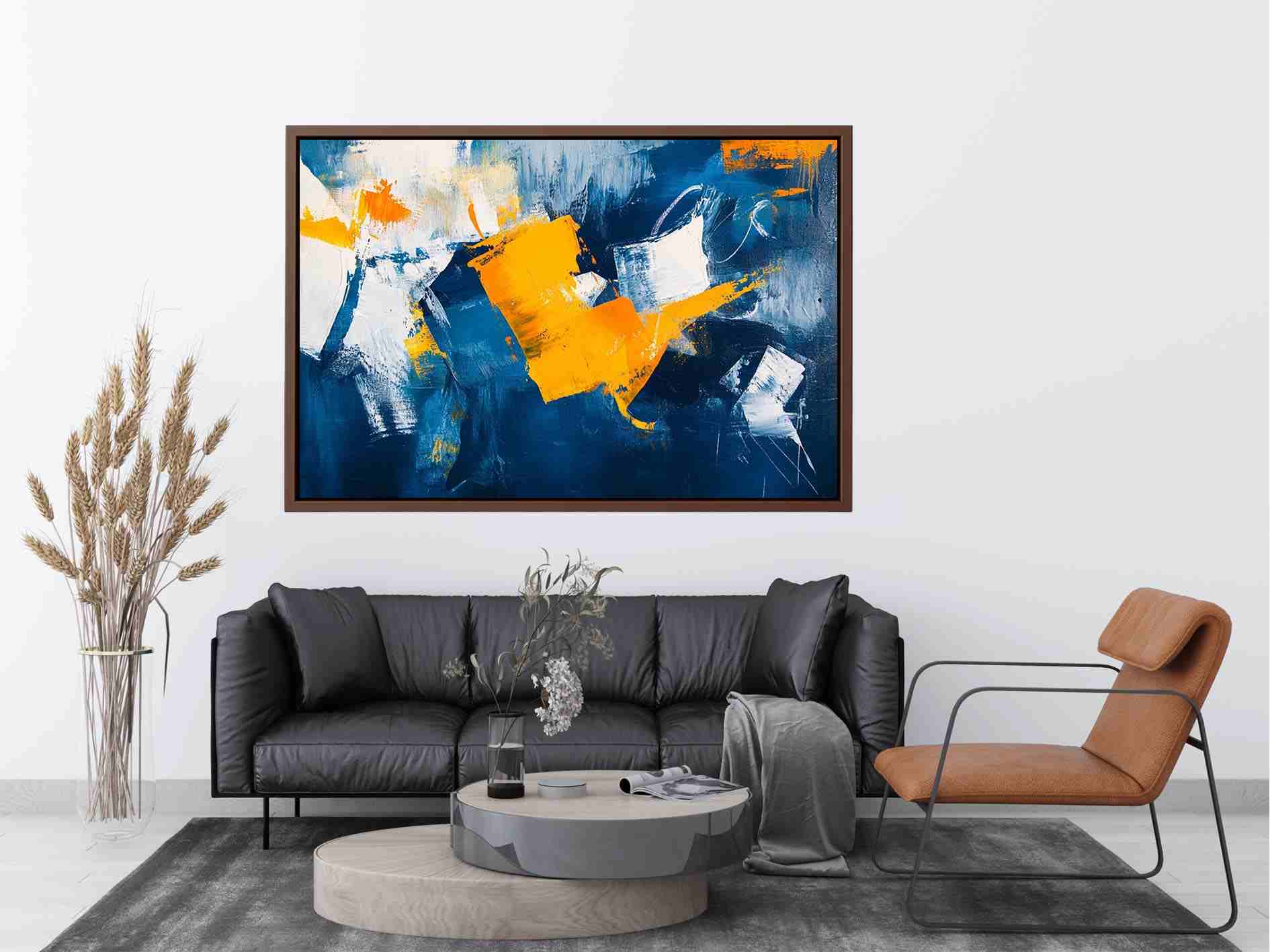 Blue and gold abstract painting for luxury living room decor