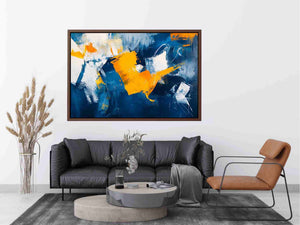 Blue and gold abstract painting for luxury living room decor