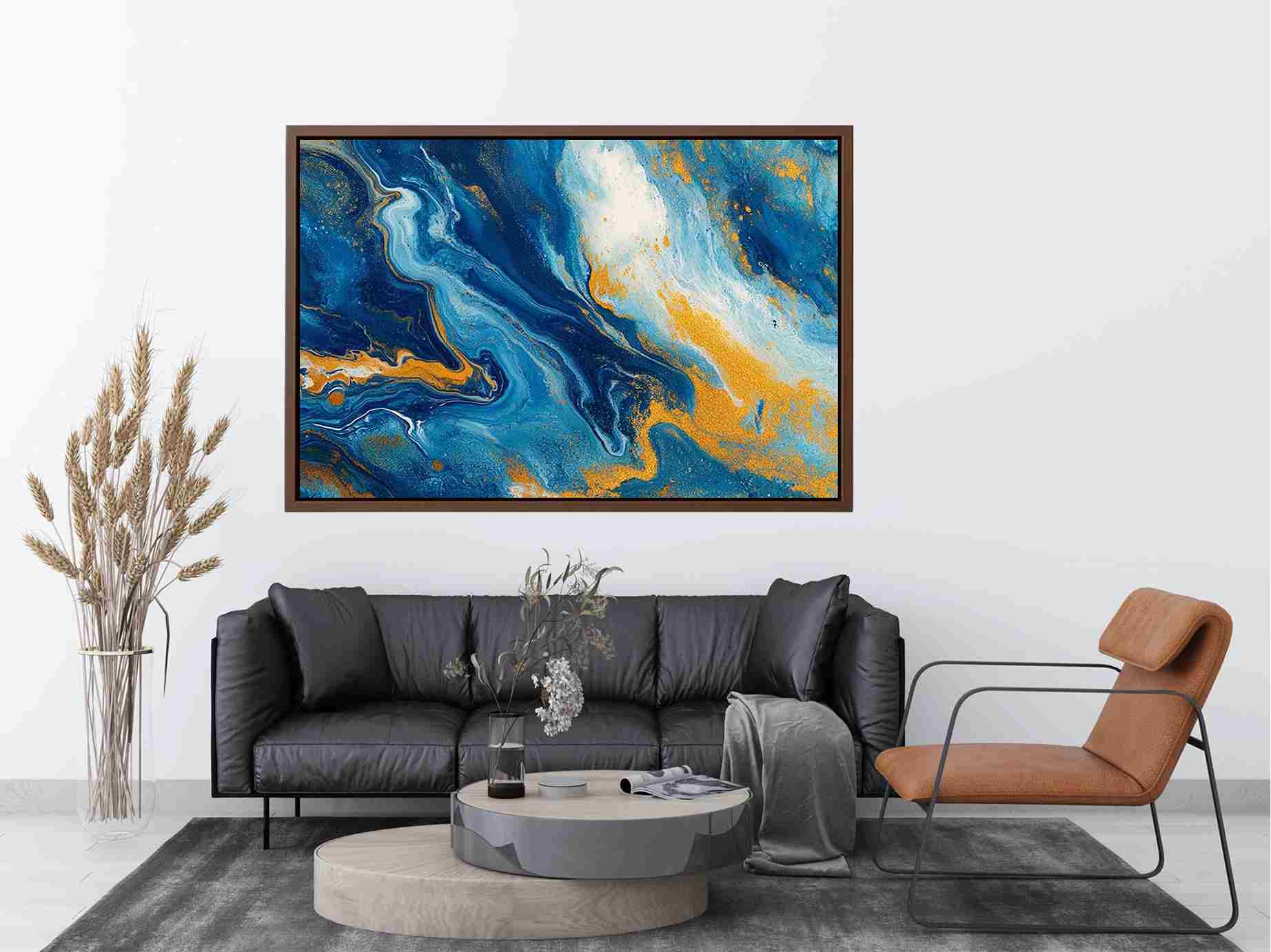 Blue and gold fluid abstract artwork for modern living room decor