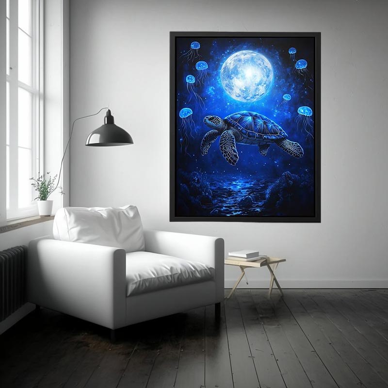 Fantasy sea turtle and jellyfish artwork for bedroom wall decor