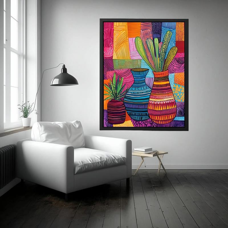 Colorful patterned vase artwork for eclectic living room decor