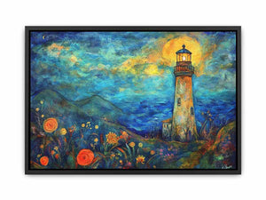 Dreamy lighthouse watercolor canvas art with moonlit coast for modern living room decor.
