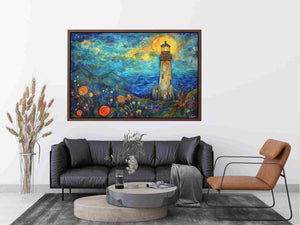 Dreamy lighthouse watercolor canvas art with moonlit coast for modern living room decor.