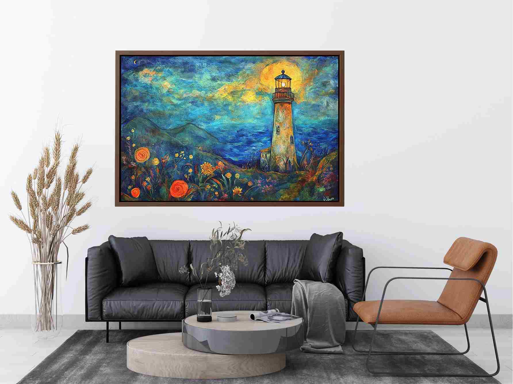 Dreamy lighthouse watercolor canvas art with moonlit coast for modern living room decor.