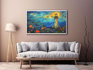 Dreamy lighthouse watercolor canvas art with moonlit coast for modern living room decor.