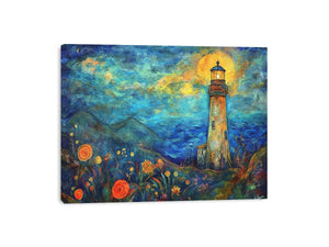 Dreamy lighthouse watercolor canvas art with moonlit coast for modern living room decor.