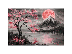 Cherry blossom moon landscape wall art for bedroom decor