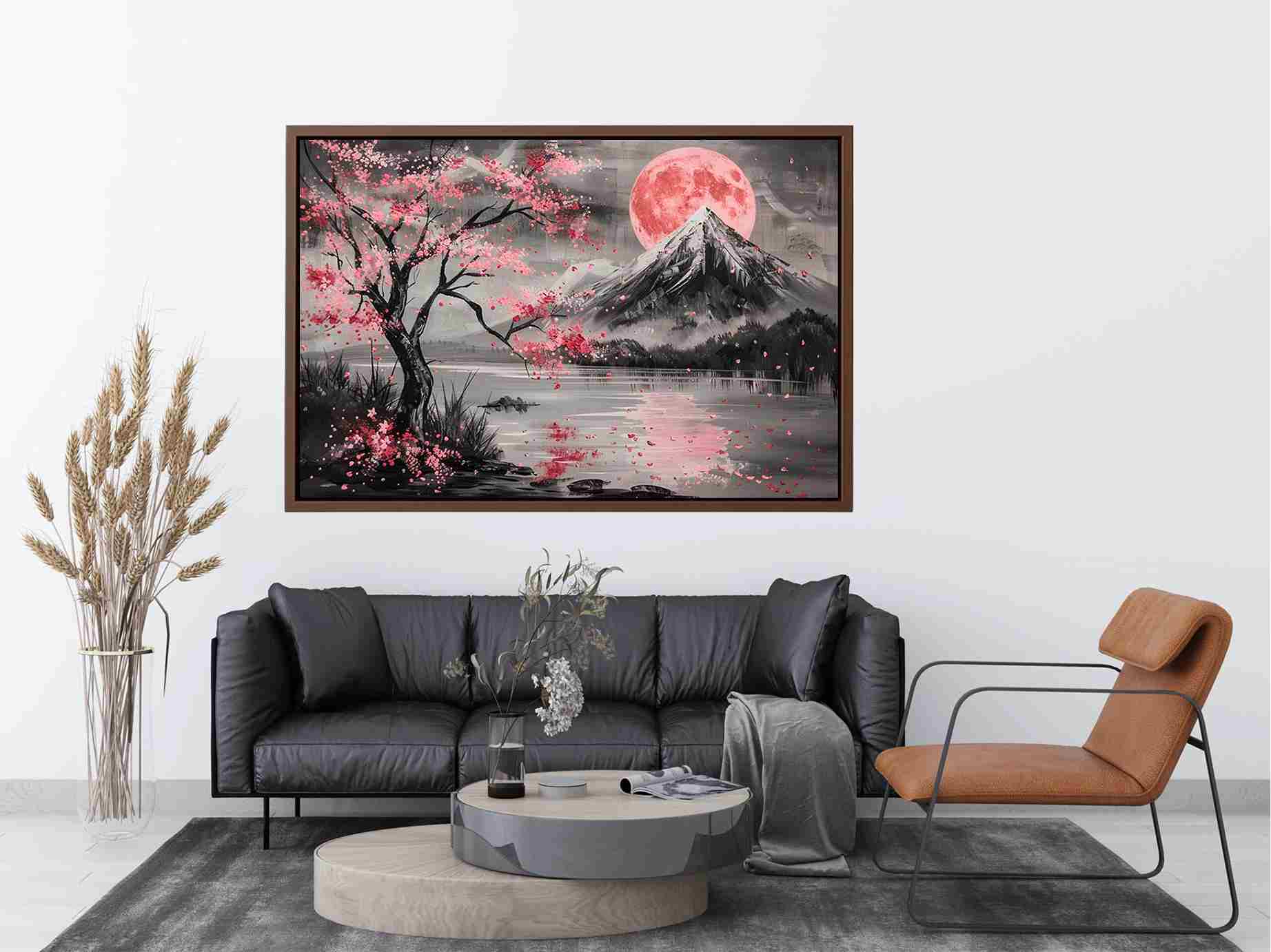 Cherry blossom moon landscape wall art for bedroom decor