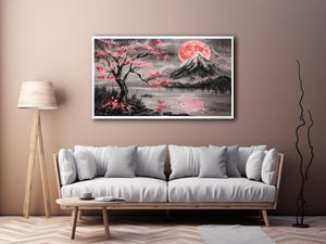Cherry blossom moon landscape wall art for bedroom decor