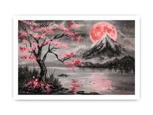 Cherry blossom moon landscape wall art for bedroom decor