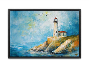 Soft coastal lighthouse watercolor canvas print for bright modern living room decor.