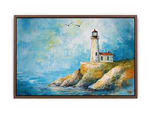 Soft coastal lighthouse watercolor canvas print for bright modern living room decor.