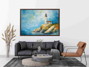 Soft coastal lighthouse watercolor canvas print for bright modern living room decor.