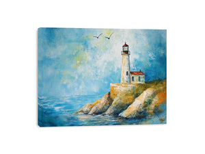 Soft coastal lighthouse watercolor canvas print for bright modern living room decor.