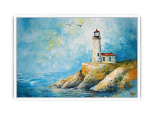 Soft coastal lighthouse watercolor canvas print for bright modern living room decor.