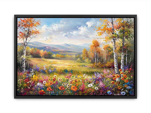 Autumn meadow landscape canvas art with wildflowers and mountains for elegant living room decor