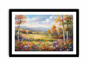 Autumn meadow landscape canvas art with wildflowers and mountains for elegant living room decor
