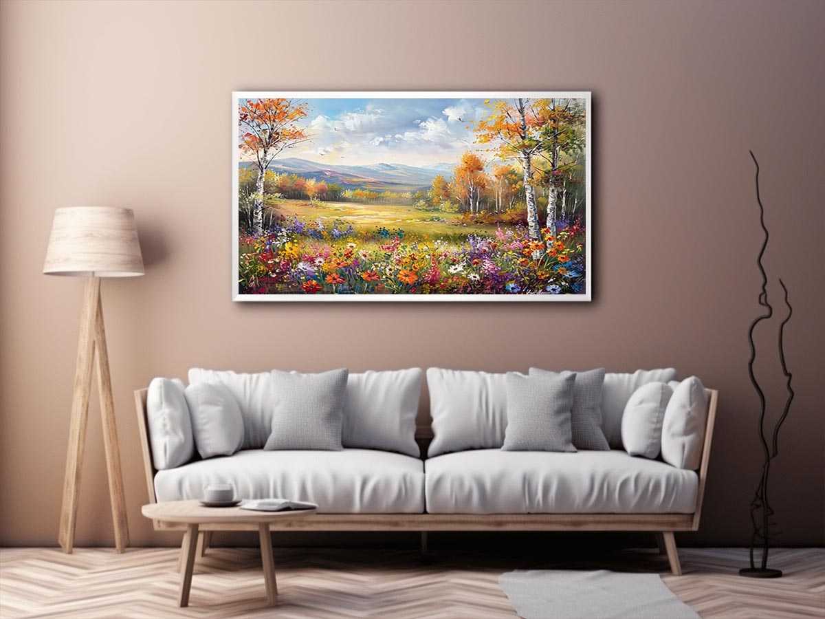 Autumn meadow landscape canvas art with wildflowers and mountains for elegant living room decor
